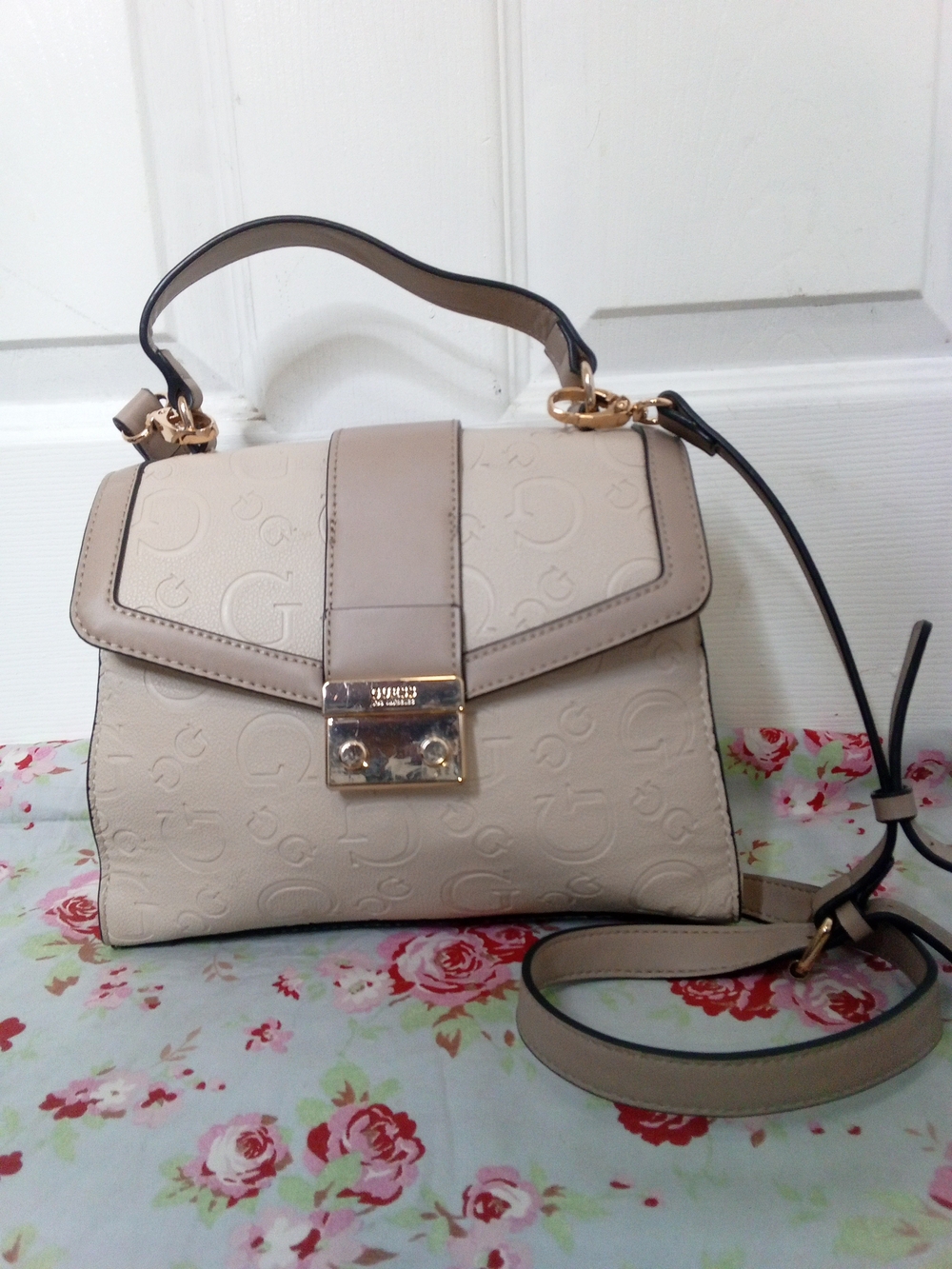 Guess Cream Embossed Top-Handle Satchel with Gold Hardware
